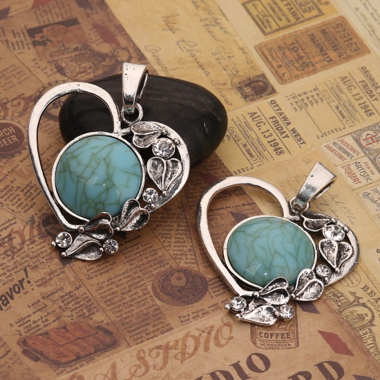 Picture of Zinc Based Alloy & Acrylic Boho Chic Pendants Heart Antique Silver Color Green Blue Round Clear Rhinestone Imitation Turquoise 62mm(2 4/8") x 50mm(2"), 2 PCs
