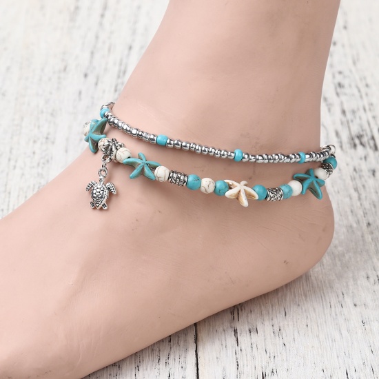 Picture of Acrylic Boho Chic Anklet Antique Silver Green Blue Sea Turtle Animal Starfish Imitation Turquoise 24cm(9 4/8") long, 1 Piece