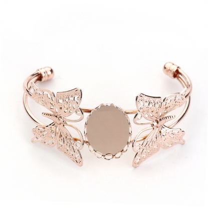Picture of Copper Open Cuff Bangles Bracelets Butterfly Animal Rose Gold Oval Cabochon Settings (Fits 25mmx18mm) 15.5cm(6 1/8") long, 1 Piece