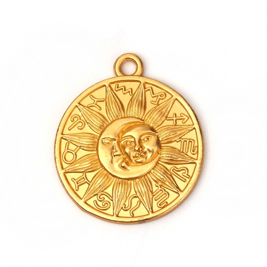 Picture of Zinc Based Alloy Charms Round Matt Gold Sun And Moon Face 29mm(1 1/8") x 25mm(1"), 5 PCs