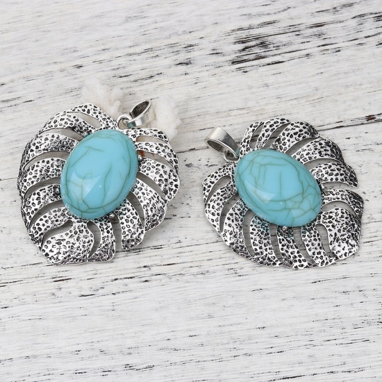 Picture of Zinc Based Alloy Boho Chic Bohemia Pendants Leaf Antique Silver Color Green Blue Imitation Turquoise 80mm x 65mm, 1 Piece