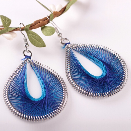 Picture of Boho Chic Handmade String - Thread Earrings Silver Tone Blue Drop 70mm(2 6/8") x 37mm(1 4/8"), Post/ Wire Size: (21 gauge), 1 Pair