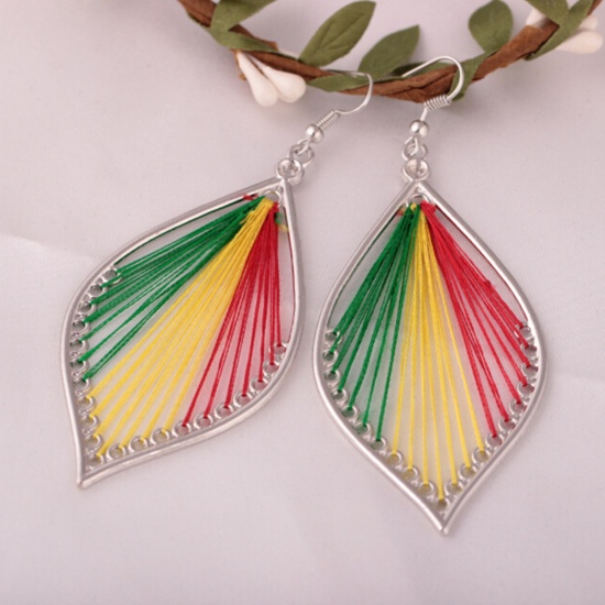 Picture of Boho Chic Handmade String - Thread Earrings Silver Tone Multicolor Leaf (Can Hold ss12 Pointed Back Rhinestone) 90mm(3 4/8") x 37mm(1 4/8"), Post/ Wire Size: (21 gauge), 1 Pair