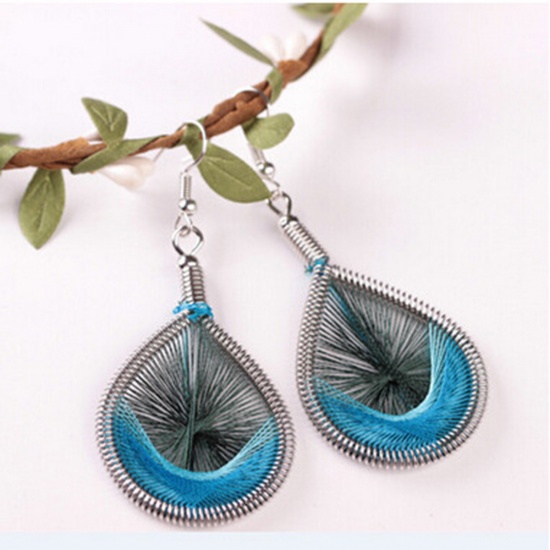 Picture of Boho Chic Handmade String - Thread Earrings Silver Tone Blue Drop 73mm(2 7/8") x 32mm(1 2/8"), Post/ Wire Size: (21 gauge), 1 Pair