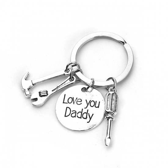 Picture of Keychain & Keyring Screwdriver Antique Silver Hammer Message " Love you Daddy " 60mm, 1 Piece