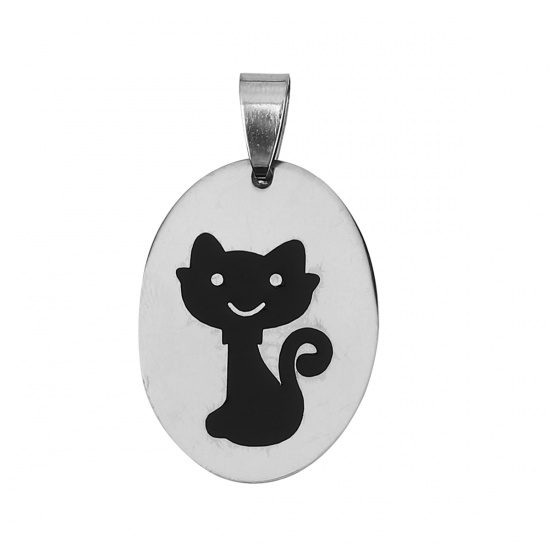 Picture of Stainless Steel Pendants Oval Silver Tone Black Cat Enamel 37mm(1 4/8") x 22mm( 7/8"), 2 PCs