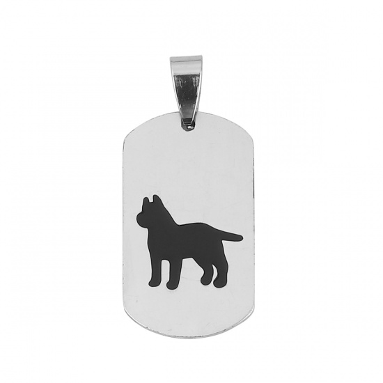 Picture of Stainless Steel Pendants Rectangle Silver Tone Black Dog Enamel 39mm(1 4/8") x 18mm( 6/8"), 2 PCs