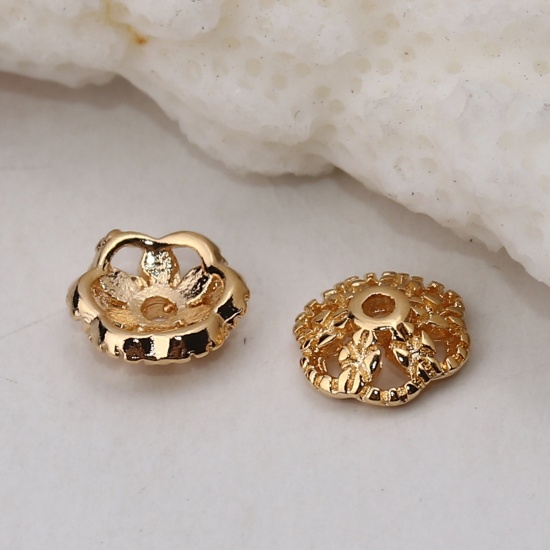 Picture of Copper Beads Caps Flower 18K Real Gold Plated (Fit Beads Size: 8mm Dia.) 7mm( 2/8") x 7mm( 2/8"), 10 PCs