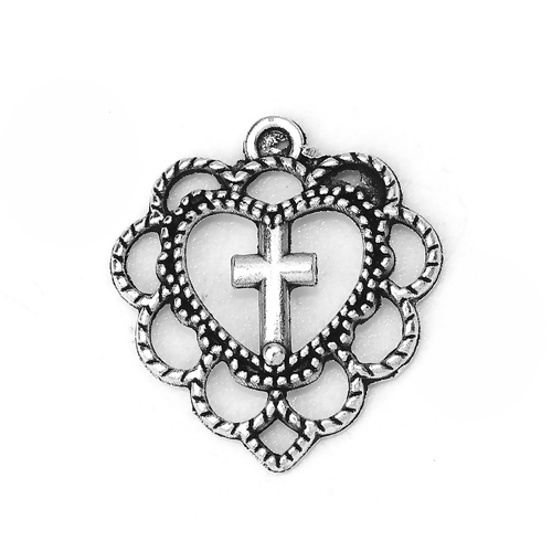 Picture of Zinc Based Alloy Charms Heart Antique Silver Cross 22mm( 7/8") x 20mm( 6/8"), 30 PCs
