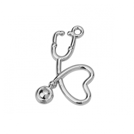 Picture of Zinc Based Alloy Charms Stethoscope Silver Tone Heart 22mm( 7/8") x 15mm( 5/8"), 20 PCs