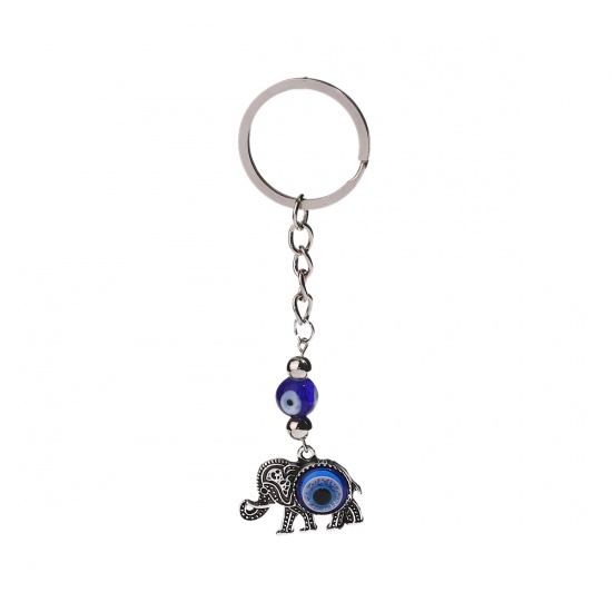 Picture of Keychain & Keyring Elephant Animal Antique Silver Color Blue Evil Eye 10.7cm x 3cm, 1 Piece
