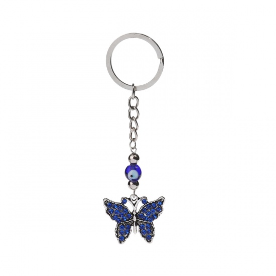 Picture of Keychain & Keyring Butterfly Animal Antique Silver Evil Eye Blue Rhinestone 11cm x 3cm, 1 Piece