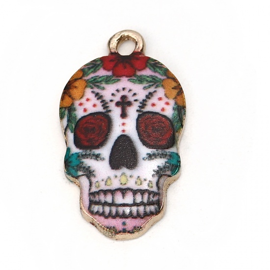 Picture of Zinc Based Alloy Halloween Charms Skull Gold Plated Multicolor Flower Enamel 22mm( 7/8") x 12mm( 4/8"), 10 PCs