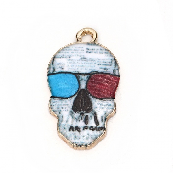 Picture of Zinc Based Alloy Charms Skull Gold Plated White Eyeglasses Enamel 22mm( 7/8") x 12mm( 4/8"), 10 PCs
