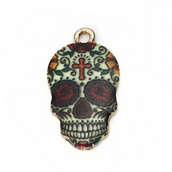 Picture of Zinc Based Alloy Halloween Charms Skull Gold Plated Green Flower Enamel 22mm( 7/8") x 12mm( 4/8"), 10 PCs