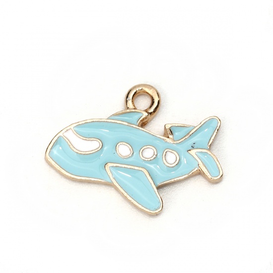Picture of Zinc Based Alloy Travel Charms Airplane Gold Plated Blue Enamel 21mm( 7/8") x 16mm( 5/8"), 10 PCs