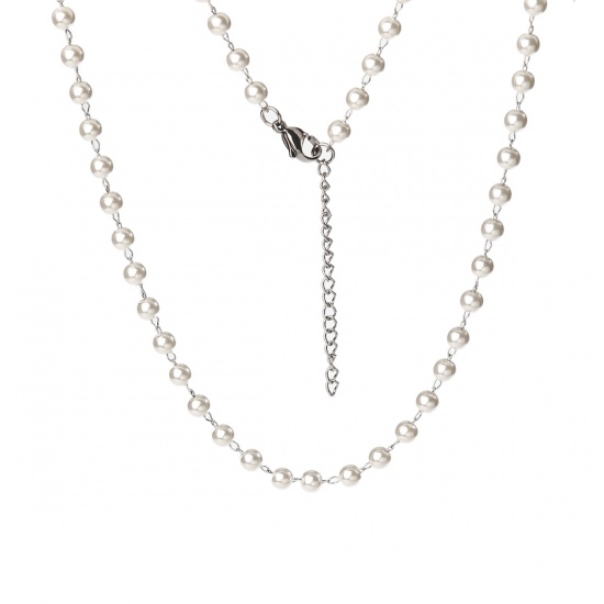 Picture of 304 Stainless Steel & Acrylic Necklace Silver Tone White Imitation Pearl 45cm(17 6/8") long, 1 Piece