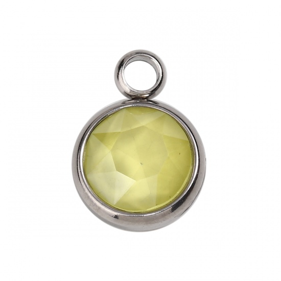 Picture of 304 Stainless Steel & Glass Charms Round Silver Tone Yellow Faceted 14mm x 10mm, 1 Piece