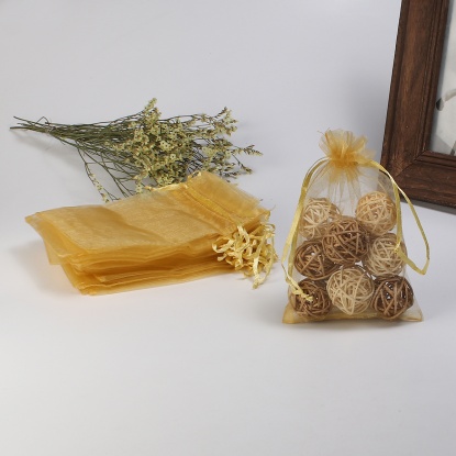 Picture of Organza Jewelry Bags Drawstring Rectangle Golden (Usable Space: 13x10cm) 15cm(5 7/8") x 10cm(3 7/8"), 20 PCs