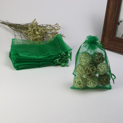 Picture of Organza Jewelry Bags Drawstring Rectangle Green (Usable Space: 13x10cm) 15cm(5 7/8") x 10cm(3 7/8"), 20 PCs