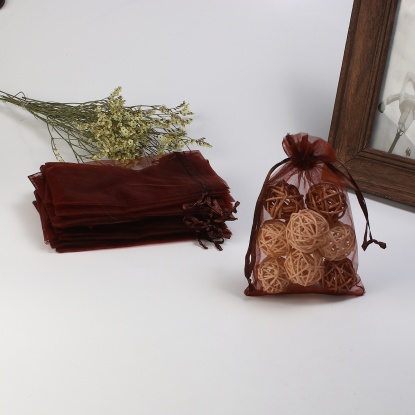 Picture of Organza Jewelry Bags Drawstring Rectangle Coffee (Usable Space: 13x10cm) 15cm(5 7/8") x 10cm(3 7/8"), 20 PCs