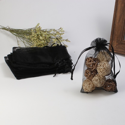 Picture of Organza Jewelry Bags Drawstring Rectangle Black (Usable Space: 13x10cm) 15cm(5 7/8") x 10cm(3 7/8"), 20 PCs