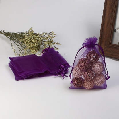 Picture of Organza Jewelry Bags Drawstring Rectangle Dark Purple (Usable Space: 13x10cm) 15cm(5 7/8") x 10cm(3 7/8"), 20 PCs