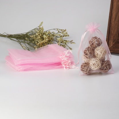 Organza Jewelry Bags Drawstring Rectangle Pink (Usable Space: 13x10cm) 15cm(5 7/8") x 10cm(3 7/8"), 20 PCs の画像
