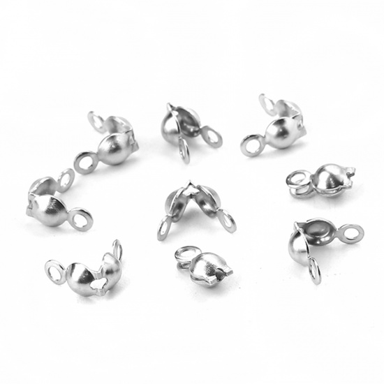 Picture of 304 Stainless Steel Bead Tips (Knot Cover) Clamshell With 2 Closed Loops Silver Tone (Fits 3mm Ball Chain) Silver Tone 8mm( 3/8") x 4mm( 1/8"), 50 PCs
