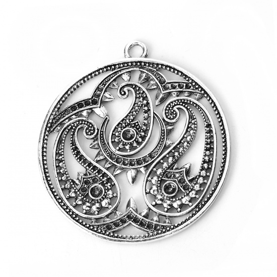 Picture of Zinc Based Alloy Boho Chic Pendants Round Antique Silver Color (Can Hold ss16 ss7 Pointed Back Rhinestone) Paisely 65mm(2 4/8") x 59mm(2 3/8"), 2 PCs