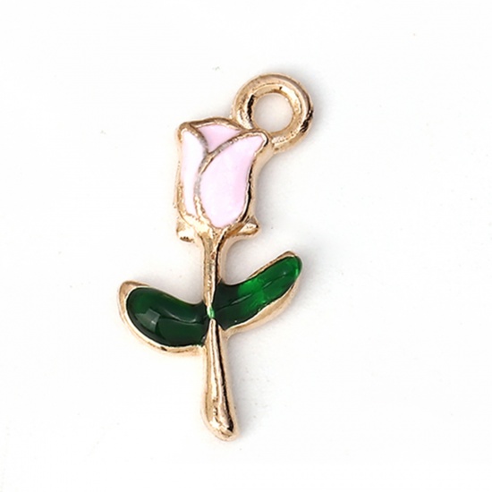 Picture of Zinc Based Alloy Charms Rose Flower Gold Plated Pink Enamel 19mm( 6/8") x 10mm( 3/8"), 30 PCs