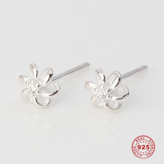 Picture of Sterling Silver Ear Post Stud Earrings Silver Flower Clear Rhinestone 6mm( 2/8") x 5mm( 2/8"), Post/ Wire Size: (21 gauge), 1 Pair