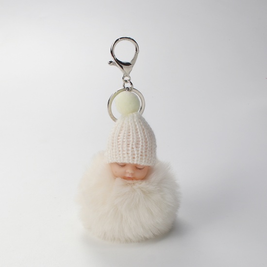 Picture of Plush Keychain & Keyring Pom Pom Ball Silver Tone Creamy-White Doll 16cm x 8cm, 1 Piece