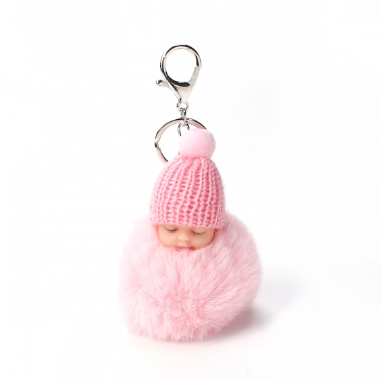 Bild von Plüsch Schlüsselkette & Schlüsselring Pompom Ball Silberfarbe Rosa Puppe 16cm x 8cm, 1 Stück