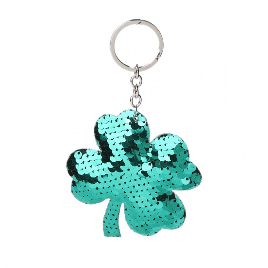 Picture of PVC Paillette Sequin Keychain & Keyring Four Leaf Clover Silver Tone Green 15cm x 8cm, 1 Piece