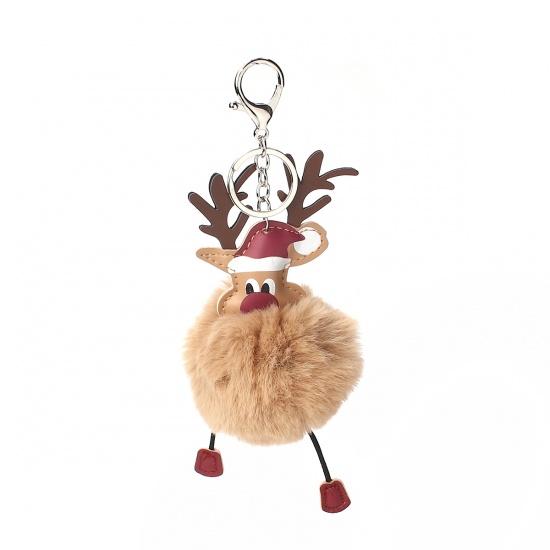 Bild von Plüsch Schlüsselkette & Schlüsselring Pompom Ball Silberfarbe Khaki Weihnachten Weihnachtsmann 19cm x 8cm, 1 Stück