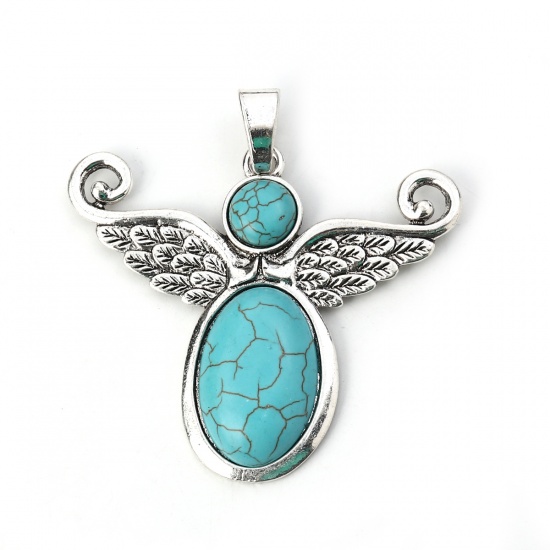 Picture of Zinc Based Alloy & Acrylic Boho Chic Pendants Angel Antique Silver Color Green Blue Wing 72mm(2 7/8") x 71mm(2 6/8"), 2 PCs