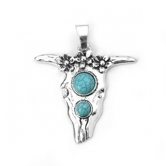 Picture of Zinc Based Alloy & Acrylic Boho Chic Pendants Sheep Antique Silver Color Green Blue 68mm(2 5/8") x 58mm(2 2/8"), 2 PCs