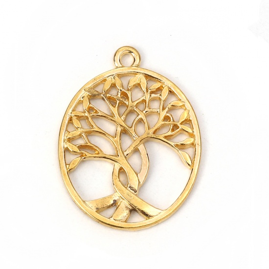 Picture of Zinc Based Alloy Pendants Oval Gold Plated Tree 32mm(1 2/8") x 24mm(1"), 10 PCs