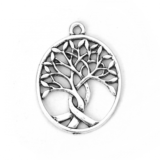Picture of Zinc Based Alloy Pendants Oval Antique Silver Tree 32mm(1 2/8") x 24mm(1"), 10 PCs