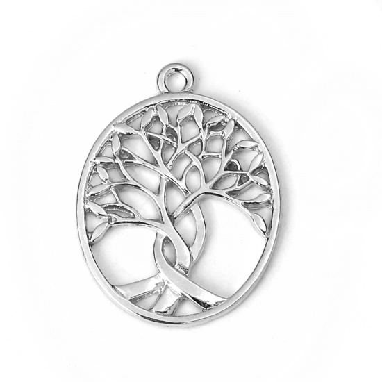 Picture of Zinc Based Alloy Pendants Oval Silver Tone Tree 32mm(1 2/8") x 24mm(1"), 10 PCs