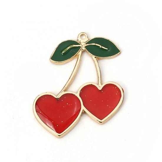 Picture of Zinc Based Alloy Pendants Cherry Fruit Gold Plated Red Enamel 30mm(1 1/8") x 27mm(1 1/8"), 5 PCs