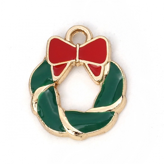 Immagine di Lega di Zinco Charms Corona di Natale Oro Placcato Rosso & Verde Cravatta a Farfalla Smalto 16mm x 14mm , 10 Pz
