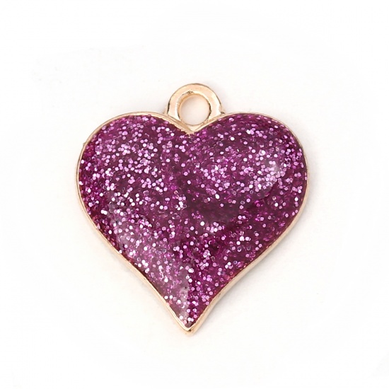 Picture of Zinc Based Alloy Charms Heart Gold Plated Purple Glitter 17mm( 5/8") x 16mm( 5/8"), 10 PCs