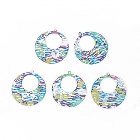 Picture of Copper Enamel Painting Charms Multicolor Round Filigree Stamping 27mm x 25mm, 5 PCs