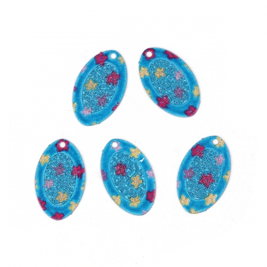 Picture of Copper Enamel Painting Charms Blue Oval Flower Filigree Stamping 16mm x 9mm, 10 PCs
