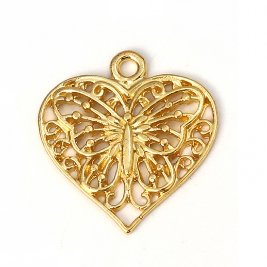 Picture of Zinc Based Alloy Charms Heart Gold Plated Butterfly 23mm( 7/8") x 22mm( 7/8"), 30 PCs