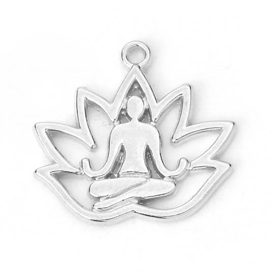 Picture of Zinc Based Alloy Charms Yoga Silver Tone Flower 18mm( 6/8") x 17mm( 5/8"), 50 PCs