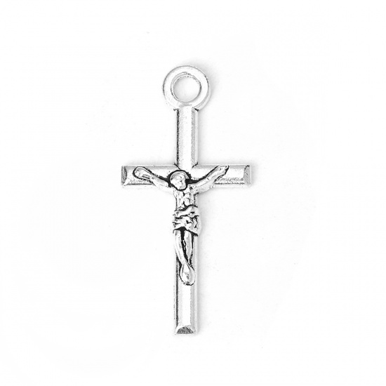 Picture of Zinc Based Alloy Charms Cross Antique Silver Jesus 23mm( 7/8") x 11mm( 3/8"), 200 PCs