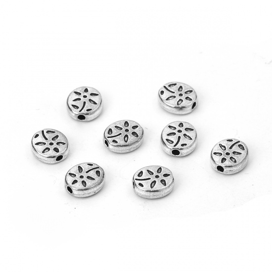 Picture of Zinc Based Alloy Spacer Beads Oval Antique Silver Flower 7mm x 7mm, Hole: Approx 1mm, 100 PCs